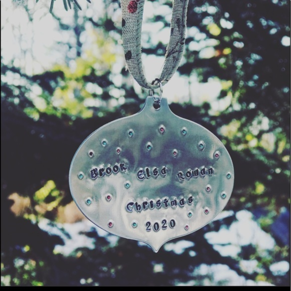 Handmade stamped Personalized silver aluminum‎  holiday tree Christmas ornament